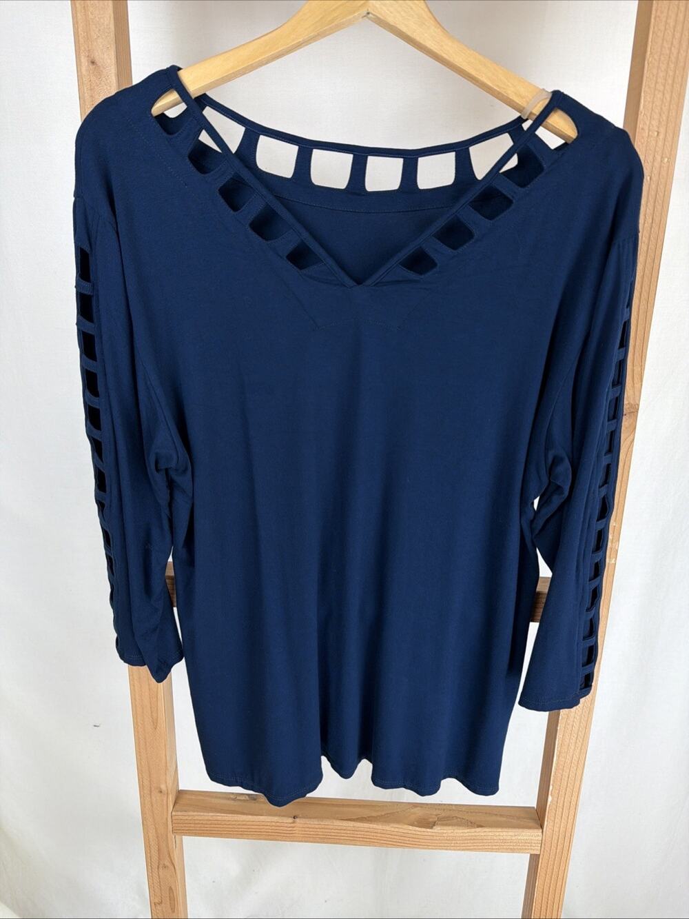 NWT Zen Knit Navy Blue V-Neck 3/4 Sleeve Cut-Out Details Long Top #0935 XXL